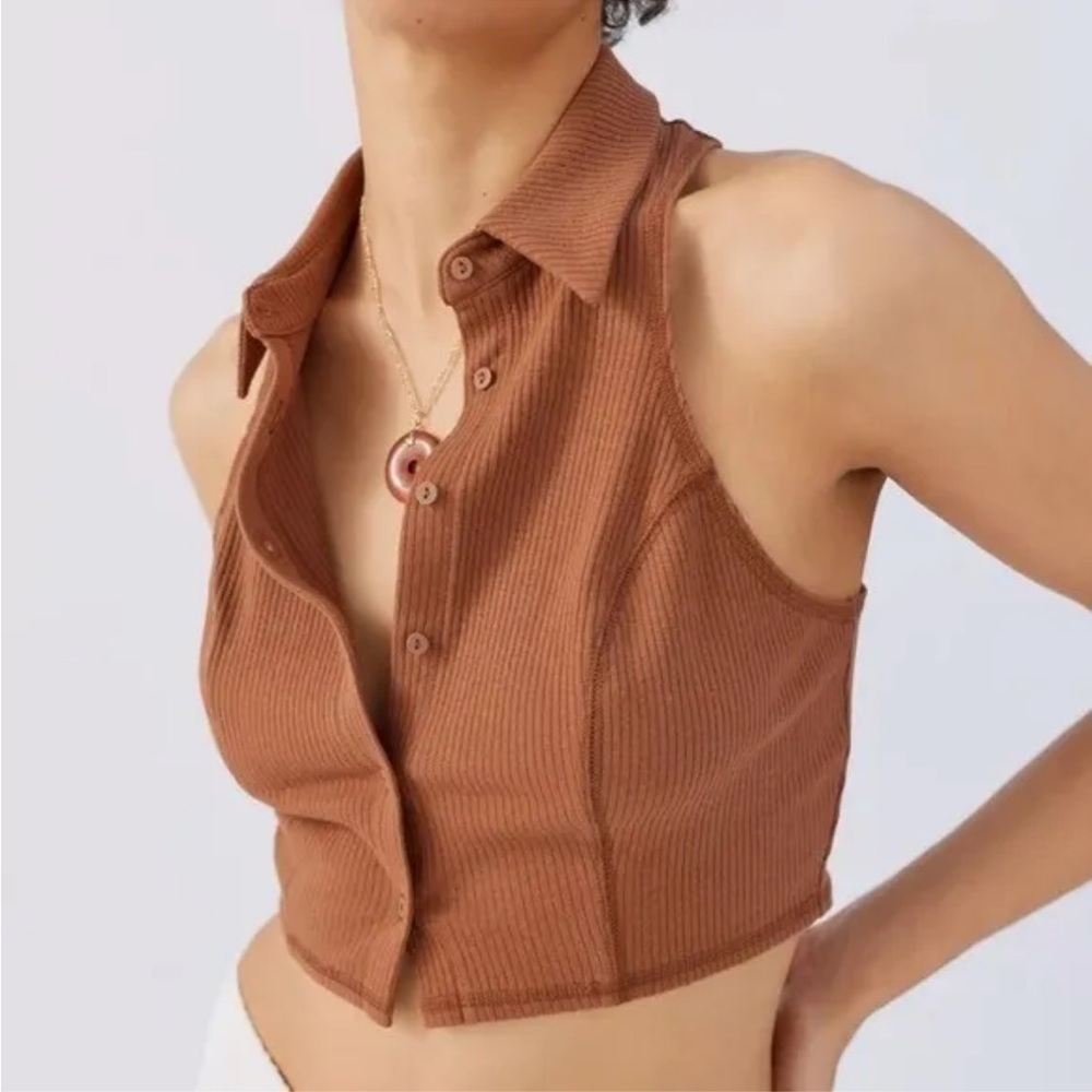 NWT Urban Outfitters Clove Brown Button-Down Vest Crop Top Size L
